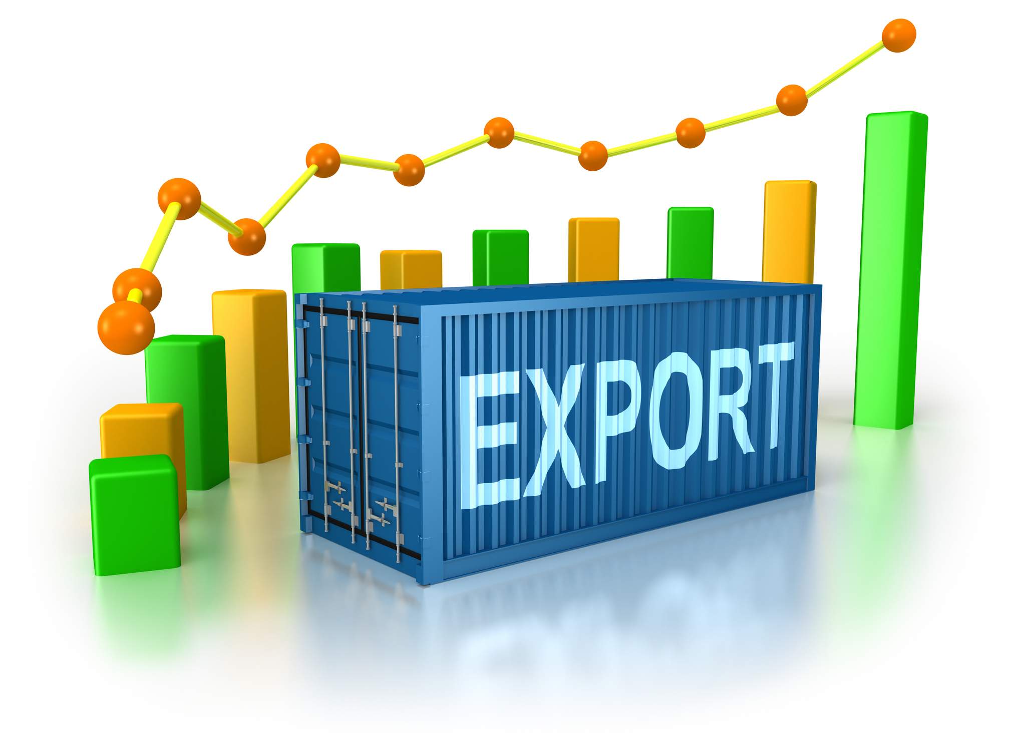 Export Cargo Container and progress chart. Colorful Bar Graph. Isolated on white.